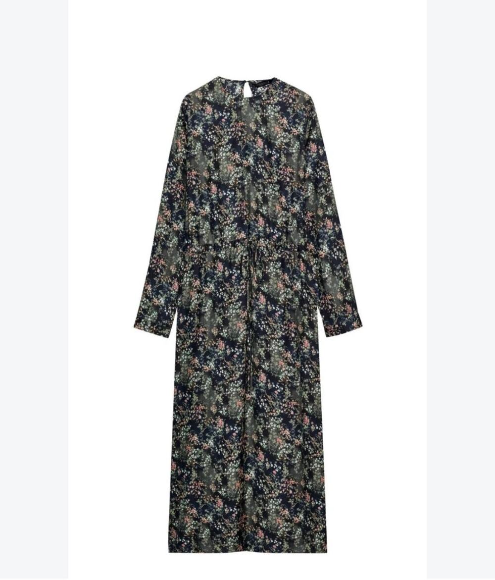 Zara floral green Silk Maxi Dresses Women size XL NWT light long sleeves